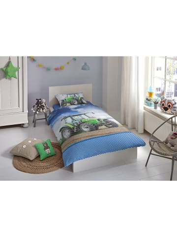 Good Morning Flanellen beddengoedset "Strong" blauw/groen