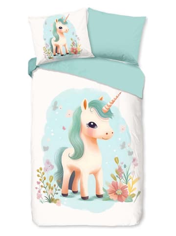 Good Morning Flanellen beddengoedset "One" wit/mintgroen