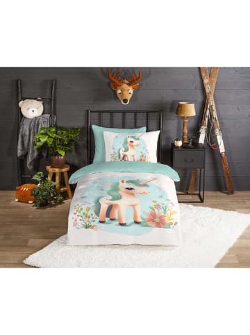 Good Morning Flanellen beddengoedset "One" wit/mintgroen