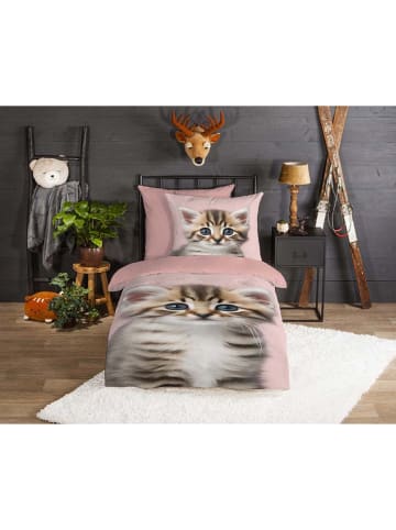 Good Morning Flanellen beddengoedset "Meow" lichtroze/lichtblauw