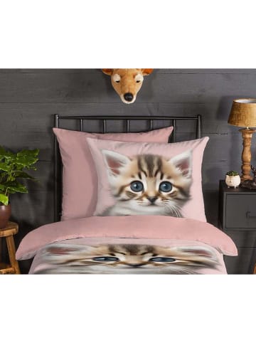 Good Morning Flanell-Bettwäsche-Set "Meow" in Rosa/ Hellbraun