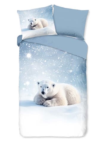 Good Morning Flanellen beddengoedset "Esben" lichtblauw/wit