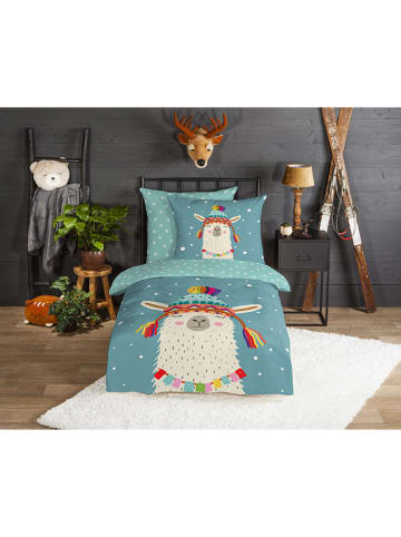 Good Morning Flanellen beddengoedset "Borax" petrol/wit