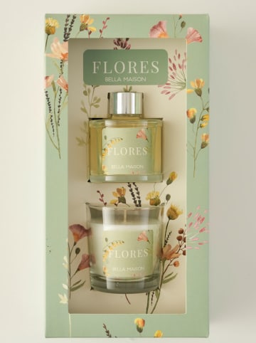 BELLA MAISON 2-delige set: geurkaars & geurstokjes "Flores" groen