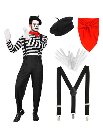 Carnival Party 6-delige kostuum "Pantomime" wit/zwart/rood