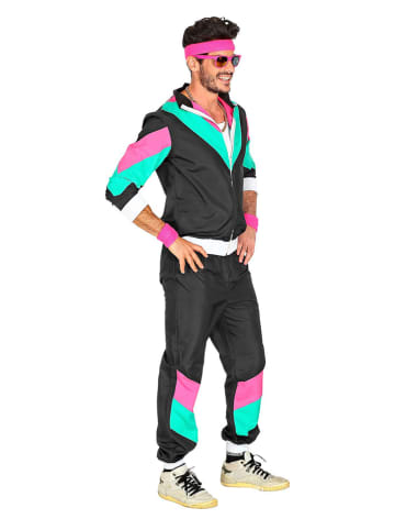 Carnival Party 2-delig kostuum "80's Trainingspak" zwart/turquoise/roze