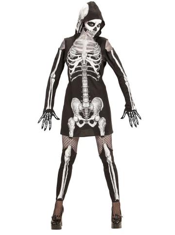 Widmann 2-delig kostuum "SKELETLADY" (jurk met capuchon, jarretels, legging) zwart