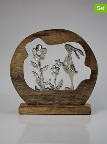 AM Design Decofiguur "Konijn en bloemen" bruin - (H)27 x Ø 27 cm