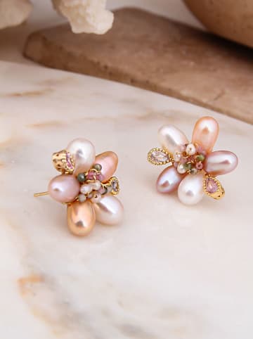 Pierres delicates Pozłacane kolczyki-wkrętki z perłami i kamieniami szlachetnymi