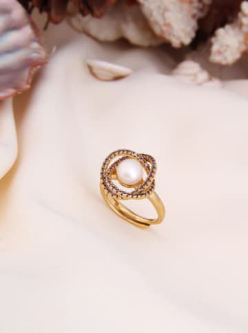 Pierres delicates Pozłacany pierścionek z perłą i cyrkoniami