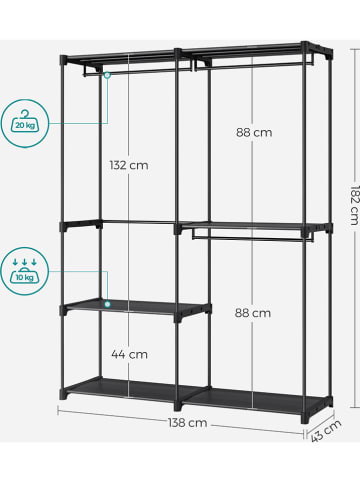 Songmics Standgarderobe in Schwarz - (B)138 x (H)182 x (T)43 cm
