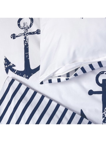 Schiesser Renforcé-Bettwäsche-Set in Weiß/ Dunkelblau