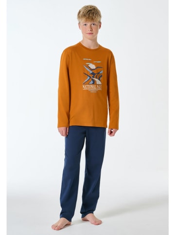 Schiesser Pyjama in Hellbraun/ Dunkelblau