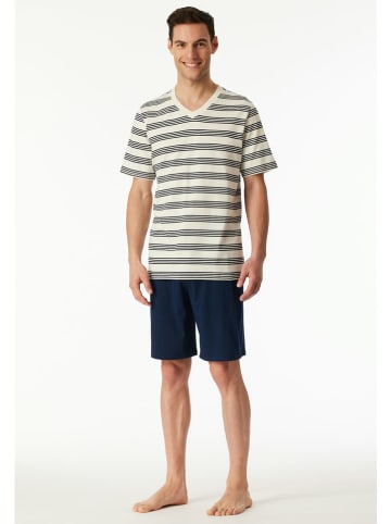 Schiesser Pyjama in Dunkelblau/ Creme
