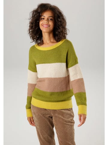 Aniston Pullover in Grün/ Beige
