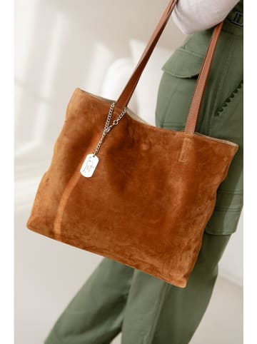 Anna Morellini Leder-Schultertasche "Fiorisa" in Hellbraun - (B)34 x (H)30 x (T)14 cm