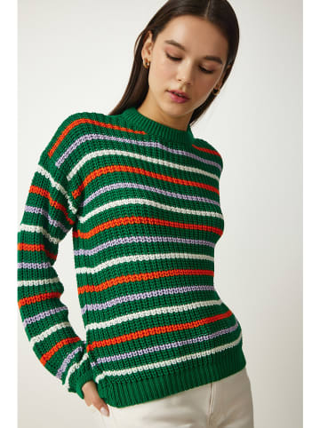 Happiness Istanbul Pullover in Grün/ Orange/ Weiß
