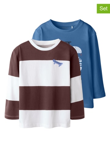 name it 2er-Set: Longsleeves in Blau/ Braun/ Weiß