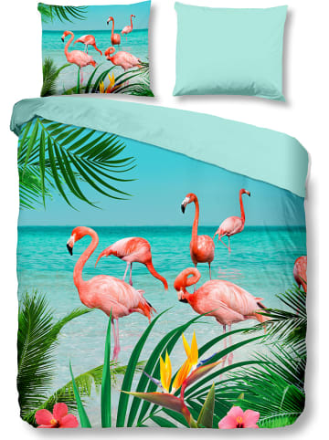 Pure Komplet pościeli "Flamingo" w kolorze turkusowym ze wzorem z mikrofibry