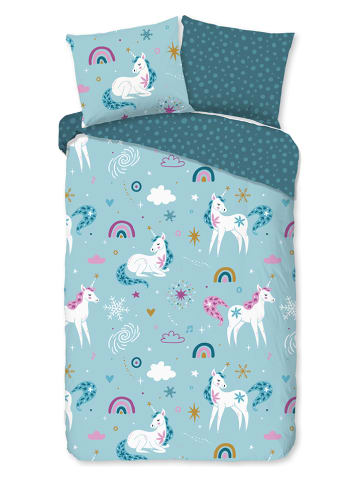 Good Morning Flanellen beddengoedset "Snowycorn" blauw