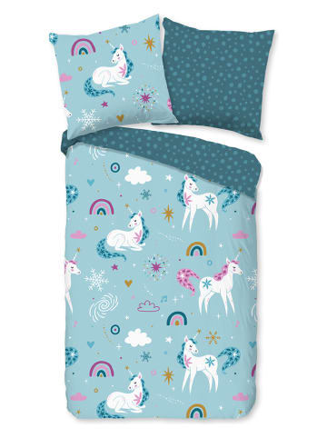 Good Morning Flanellen beddengoedset "Snowycorn" blauw