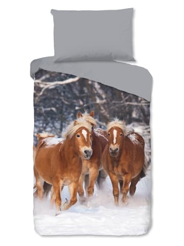 Good Morning Flanell-Bettwäsche-Set "Happy Horses" in Grau/ Hellbraun