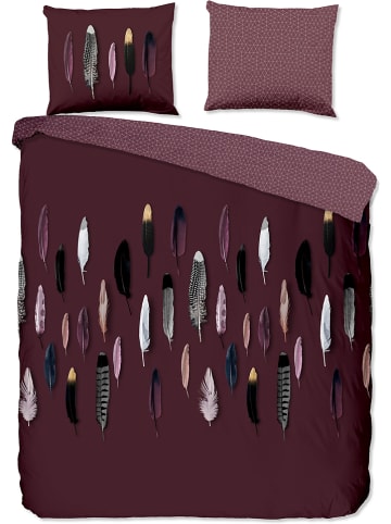 Good Morning Renforcé beddengoedset "Feathers" donkerrood