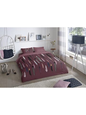 Good Morning Renforcé beddengoedset "Feathers" donkerrood