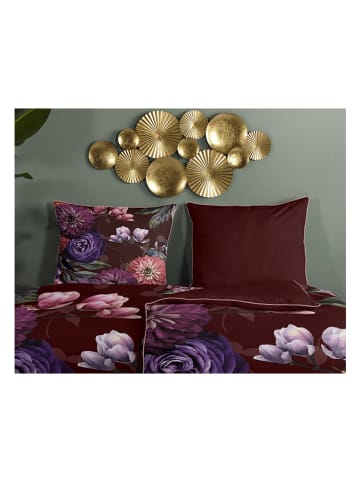 Descanso Komplet pościeli satynowej "Bloomie" w kolorze bordowym ze wzorem