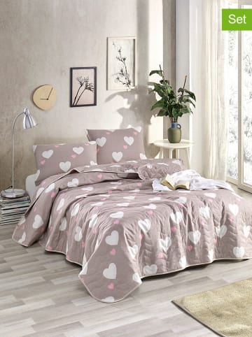 Colourful Cotton 3tlg. Tagesdecken-Set "Herz" in Rosa