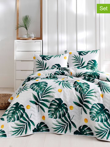Colourful Cotton 3-delige bedspreiset "Monstera" groen/wit