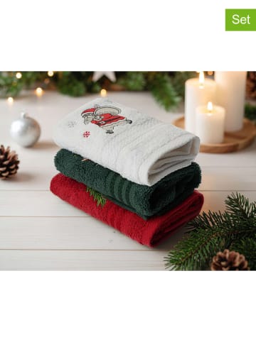 Colourful Cotton 3-delige set: handdoeken wit/groen/rood