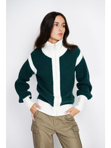 ASSUILI Cardigan in Dunkelgrün/ Weiß