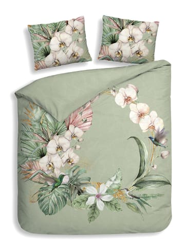 Heckett Lane Satin-Bettwäsche-Set "Ana" in Grün/ Weiß