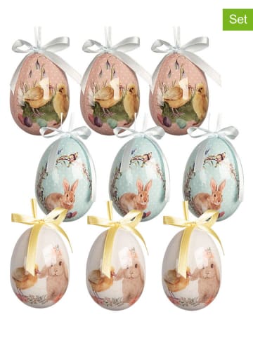 Clayre&Eef 9-delige set: decohanger "Ei" geel/lichtblauw/lichtroze - Ø 5 cm