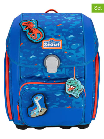 Scout 5tlg. Schulranzen-Set "Genius Set Superflash - Blue Dino" in Blau