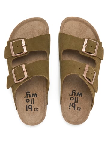 billowy Leder-Pantoletten in Khaki