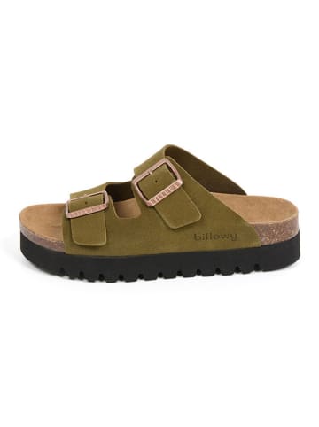 billowy Leder-Pantoletten in Khaki