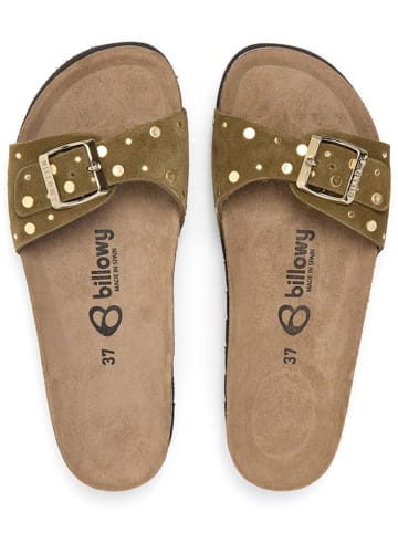 billowy Leder-Pantoletten in Khaki