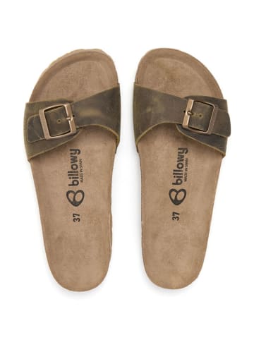 billowy Leder-Pantoletten in Khaki
