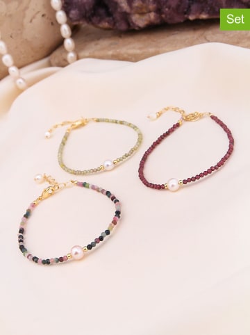 Pierres de Jade 3er-Set: Vergold. Armketten mit Perlen und Edelsteinen