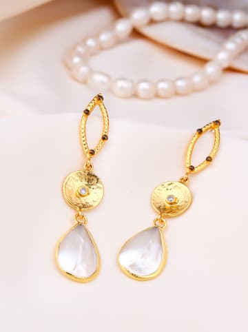 Pierres de Jade Pozłacane kolczyki-wkrętki z cyrkoniami i masą perłową