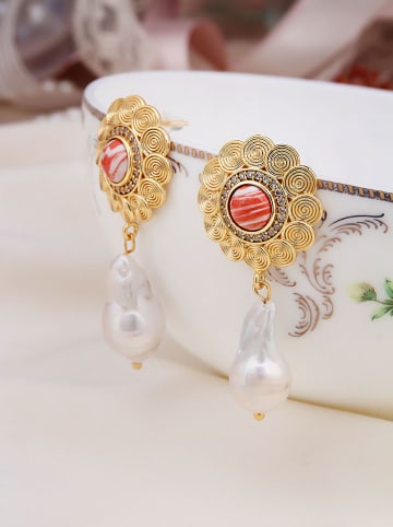 Pierres de Jade Vergulde oorstekers met edelstenen en parels