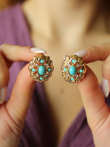 Pierres de Jade Pozłacane kolczyki-wkrętki z turkusami i cyrkoniami