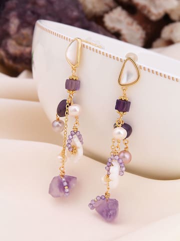 Pierres de Jade Pozłacane kolczyki-wkrętki z perłami i ametystami