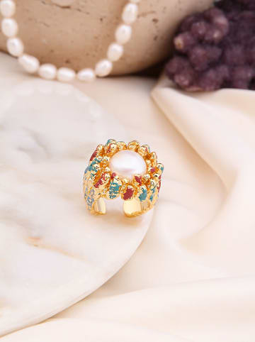 Pierres de Jade Vergold. Ring mit Perle und Edelsteinen