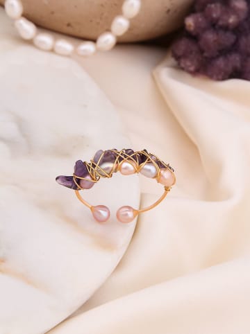 Pierres de Jade Vergulde ring met parels en edelstenen