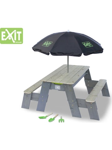 EXIT Sand- & Wassertisch mit 2 Bänken, Sonnenschirm & Sandspielzeug - ab 3 Jahren