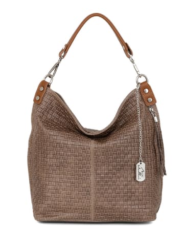 Anna Morellini Leder-Schultertasche "Adelfina" in Taupe - (B)33 x (H)31 x (T)16 cm