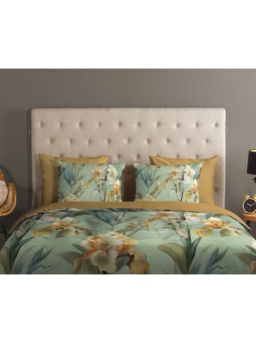 Good Morning Renforcé beddengoedset "Iris" turquoise/mosterdgeel